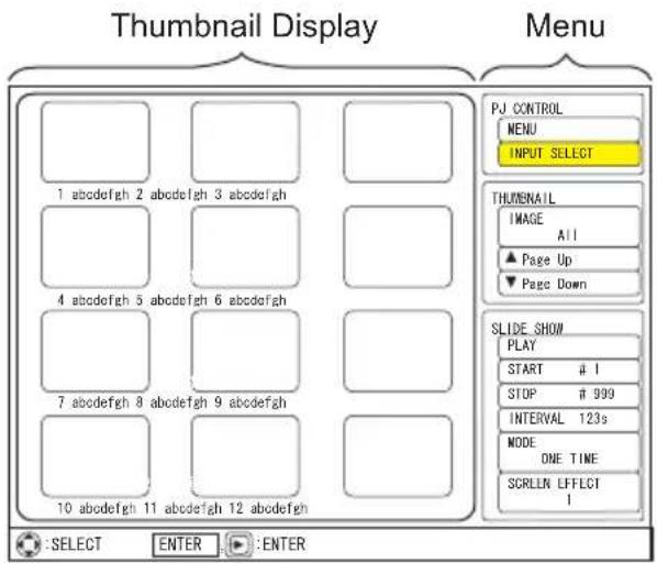 Thumbnail Display Menu PJ CONTROL MENU INPUT SELECT THUMENAIL IMAGE All ▲ Page Up ▼ Page Down SLIDE SHOW PLAY START # 1 STOP # 999 INTERVAL 123s MODE ONE TIME SCRILLIN EFFLGT 1 SELECT ENTER ENTER
