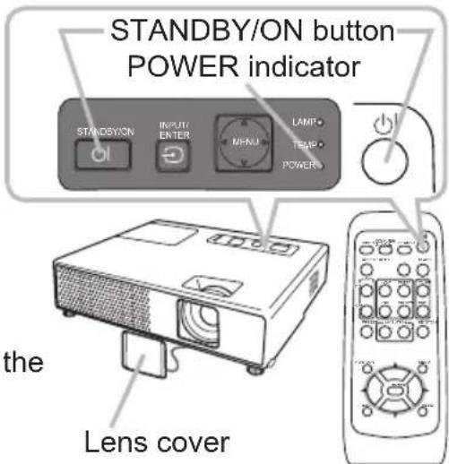 STANDBY/ON button POWER indicator STANDBY/ON INPUT/ ENTER MENU LAMP TEMP POWER the Lens cover