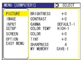 MENU [COMPUTER1] SELECT PICTURE BRIGHTNESS +0 IMAGE CONTRAST +0 INPUT GAMMA DEFAULT-1 SETUP COLOR TEMP HIGH-1 SCREEN COLOR +0 OPTION TINT +0 EASY MENU SHARPNESS 4 MY MEMORY SAVE-1