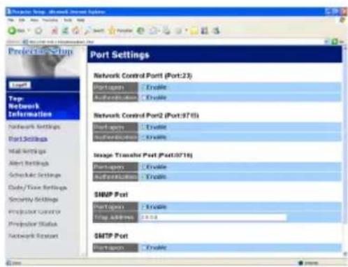 Port Settings Network Control Port (Port:23) Portlogers Enable Authentication Enable Network Control Port2 (Port:3715) Portlogers Enable Authentication Enable Image Transfer Port (Port:0716) Portlogers Enable Authentication Enable SMTP Port Portlogers Enable Drop Address 2.013 SMTP Port Portlogers Enable