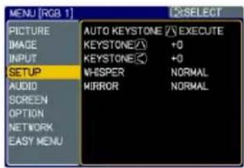 MENU [RGB 1] PICTURE IMAGE INPUT SETUP AUDIO SCREEN OPTION NETWORK EASY MENU AUTO KEYSTONE ⌘ EXECUTE KEYSTONE(2) +0 KEYSTONE(3) +0 WHISPER NORMAL MIRROR NORMAL