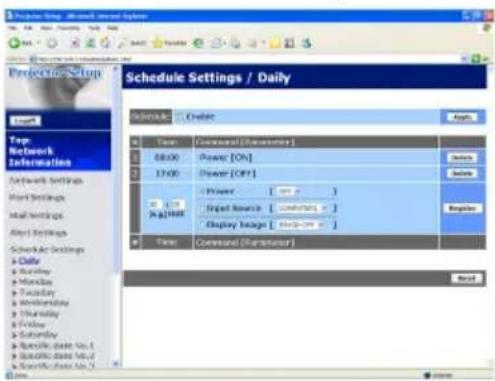 Schedule Settings / Daily Schedule Create Time Command(Parameters) 08:00 Power [ON] 17:00 Power [OP] Power [ ] Input Source [ Command n ] Display Image [ Import n ] Time Command(Parameters) Next