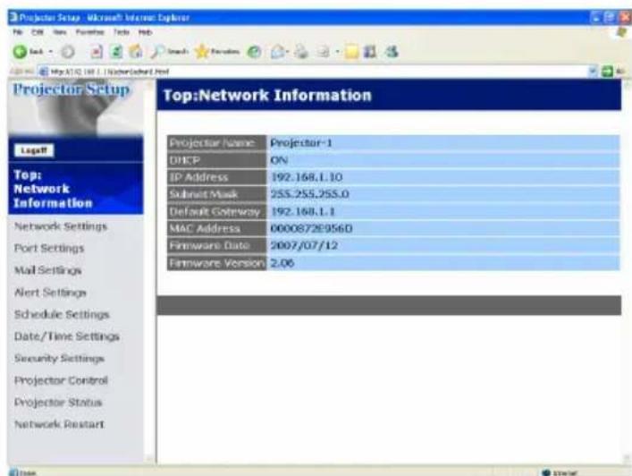Projector Setup - Microsoft Internet Explorer File Edit View Favorites Tools Help Back Forward My ATIC 198.1 (NetworkControl Iraq) Projector Setup Logoff Top: Network Information Network Settings Port Settings Mail Settings Alert Settings Schedule Settings Date/Time Settings Security Settings Projector Control Projector Status Network Restart Top:Network Information Projector Name: Projector-1 DHCP ON IP Address 192.168.1.10 Submit Mask 255.255.255.0 Default Gateway 192.168.1.1 MAC Address 0000872E956D Firmware Date 2007/07/12 Firmware Version 2.06