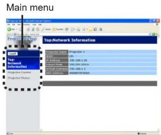 Main menu Project Name Projector 1 C: I/O 0% IP Address 192.168.1.10 Subsea Book 295.295.295.0 N-Cell Company 192.168.1.1 MAC Address 000000200040