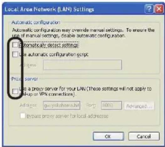 Local Area Network (LAN) Settings Automatic configuration Automatic configuration may override manual settings. To ensure the use of manual settings, disable automatic configuration. Automatically detect settings Use automatic configuration script Proxy server Use a proxy server for your LAN (These settings will not apply to Up-up or VPN connections). Addresses: ge-yokohama.hk Port: 8000 Advanced... Bypass proxy server for local addresses OK Cancel