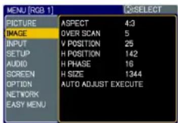 MENU [RGB 1] PICTURE IMAGE INPUT SETUP AUDIO SCREEN OPTION NETWORK EASY MENU ASPECT 4:3 OVER SCAN 5 V POSITION 25 H POSITION 142 H PHASE 16 H SIZE 1344 AUTO ADJUST EXECUTE C\$SELECT