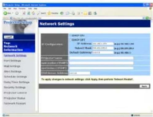 Network Settings ID Configurations: DHCP-01V DHCP-OFF IP Address: 162.001.001.001 Subnet Mask: 162.001.001.001 Default Gateway: 162.001.001.001 Prototype Name: and instance (DHA) ApacheAccess (DHA) All Server Address: 162.001.001.001 To apply changes to network settings: click Apply, then perform Network Provider. Entry
