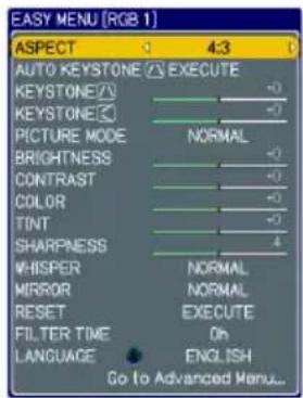 EASY MENU [RGB 1] ASPECT 4:3 AUTO KEYSTONE ↻ EXECUTE KEYSTONE○ KEYSTONE○ PICTURE MODE NORMAL BRIGHTNESS CONTRAST COLOR TINT SHARPNESS WHISPER NORMAL MIRROR NORMAL RESET EXECUTE FILTER TIME On LANGUAGE ENGLISH Go to Advanced Menu...