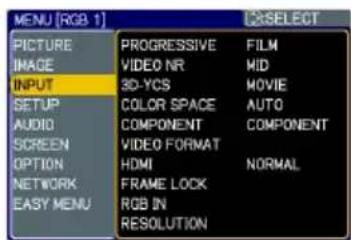 MENU [RGB 1] PICTURE IMAGE INPUT SETUP AUDIO SCREEN OPTION NETWORK EASY MENU PROGRESSIVE VIDEO NR 3D-YCS COLOR SPACE COMPONENT VIDEO FORMAT HDMI FRAME LOCK RGB IN RESOLUTION FILM MID MOVIE AUTO COMPONENT NORMAL