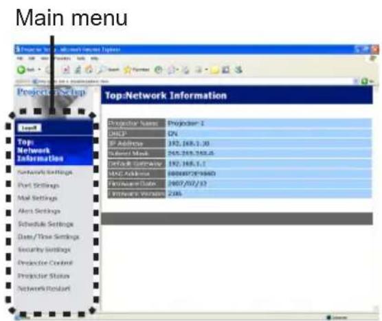Main menu Project Setup Top:Network Information Project Name Project 1 DHCP DN SP Address 192,168.1.30 Network Mode 249,249,249.6 DHCR Company 192,168.1.1 MAC Address 0000072F996D Framework Date 2007/02/33 Primary Version 2385