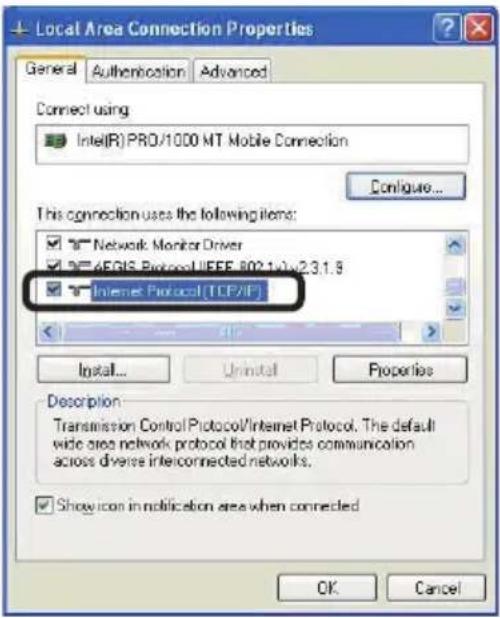 Local Area Connection Properties General Authentication Advanced Connect using Intel(R) PRO/1000 MT Mobile Connection Configure... This connection uses the following items: Network Monitor Driver 4E6GIS Protocol IEEE 802.1v3.3.1.9 Internet Protocol (TCP/IP) Install... Uninstall Properties Description: Transmission Control Protocol/Internet Protocol. The default wide area network protocol that provides communication across diverse interconnected networks. Show icon in notification area when connected OK Cancel