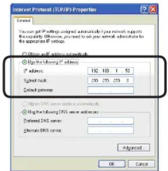Internet Protocol (TCP/IP) Properties General You can get IP settings assigned automatically if your network supports this capability. Otherwise, you need to ask your network administrator for the appropriate IP settings. Obtain any IP address automatically. Use the following IP address: IP address: 192.169.1.50 Subnet mask: 255.255.255.0 Default gateway Obtain DNS server address automatically Use the following DNS server addresses: Preferred DNS server: . Alternate DNS server: . Advanced... OK Cancel