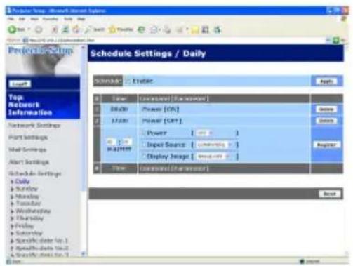 Schedule Settings / Daily Schedule Options Time: Connected (External) 06:00: Power (ON) 17:00: Power (OFF) Power [ ] Input Source [ ] Display Image [ ] Time: Connected (External) Next