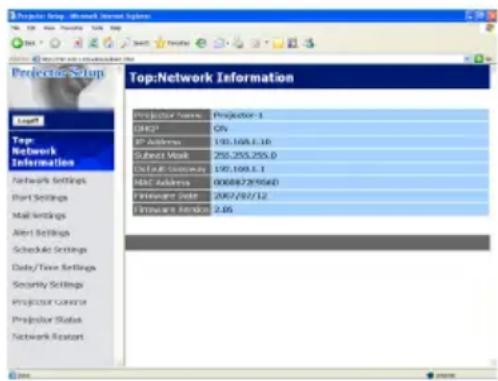 Top:Network Information Projector Name: Projector-1 C#P2: C# EP Address: 190,168.1.18 Subset Work: 250,255,255.0 Default Gateway: 190,168.1.1 MBC Address: 000887295940 Password Date: 2007/07/12 Configuration Number: 2.36