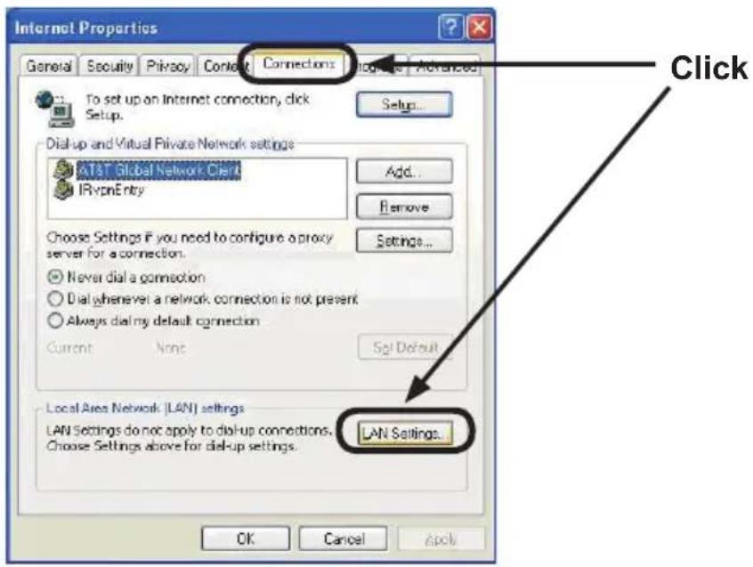 Internet Properties General Security Privacy Contact Connections Options Advanced To set up on Internet connection, click Setup... Dial-up and Virtual Private Network settings AT&T Global Network Client IR-vpnEntry Add... Remove Choose Settings if you need to configure a proxy server for a connection. Never dial a connection Dial whenever a network connection is not present Always dial my default connection Current None Set Default Local Area Network (LAN) settings LAN Settings do not apply to dial-up connections. Choose Settings above for dial-up settings. LAN Settings... OK Cancel Apply Click