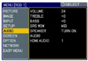 MENU [RGB 1] PICTURE IMAGE INPUT SETUP AUDIO SCREEN OPTION NETWORK EASY MENU VOLUME TREBLE BASS SRS VOW SPEAKER AUDIO HDMI AUDIO 24 +0 +0 MID TURN ON 1 SELECT