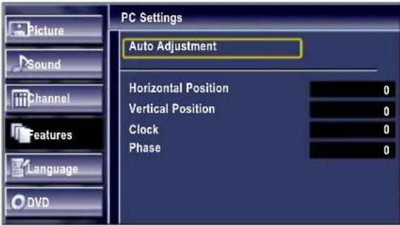 PC Settings Auto Adjustment Horizontal Position 0 Vertical Position 0 Clock 0 Phase 0