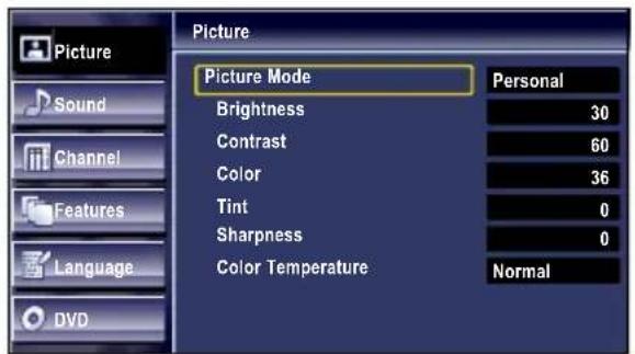 Picture Picture Mode Personal Brightness 30 Contrast 60 Color 36 Tint 0 Sharpness 0 Color Temperature Normal Sound Channel Features Language DVD