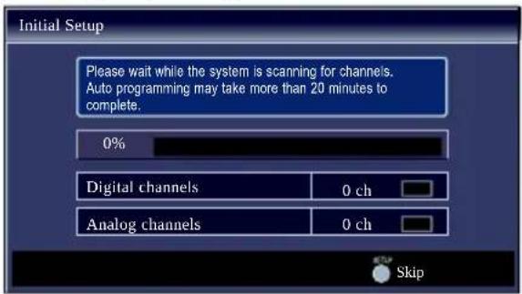 Initial Setup Please wait while the system is scanning for channels. Auto programming may take more than 20 minutes to complete. 0% Digital channels 0 ch Analog channels 0 ch Skip