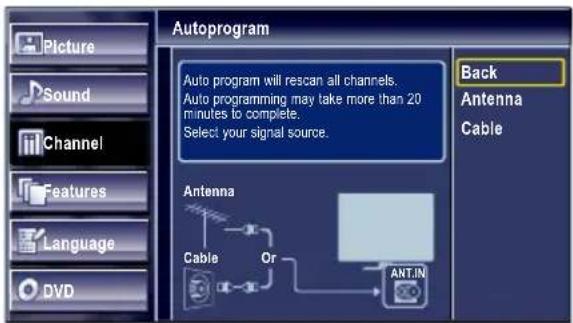 Picture Sound Channel Features Language DVD Autoprogram Auto program will rescan all channels. Auto programming may take more than 20 minutes to complete. Select your signal source. Back Antenna Cable Antenna Cable Or ANT.IN