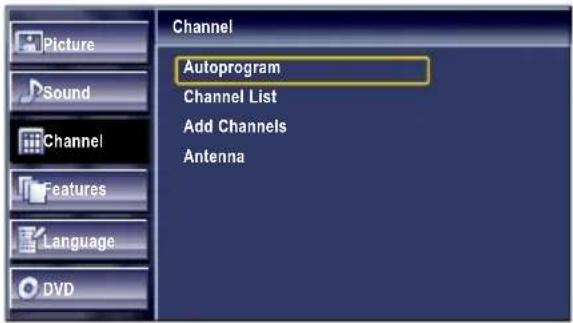 Picture Sound Channel Features Language DVD Channel Autoprogram Channel List Add Channels Antenna
