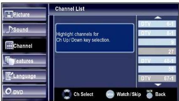 Channel List Highlight channels for Ch Up/Down key selection. DTV 6-1 DTV 8-1 9 27 DTV 48-1 58 DTV 67-1 Ch Select Watch/Skip Back