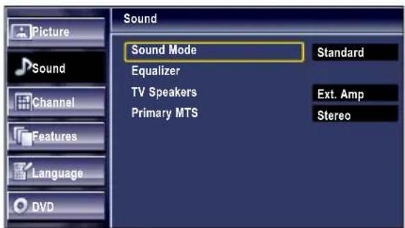 Sound Sound Mode Equalizer TV Speakers Primary MTS Standard Ext. Amp Stereo