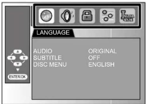 LANGUAGE AUDIO ORIGINAL SUBTITLE OFF DISC MENU ENGLISH ENTER/OK