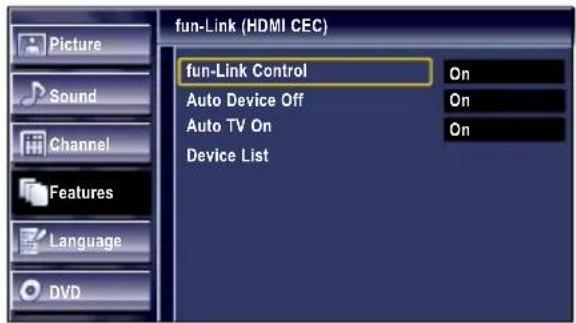 fun-Link (HDMI CEC) fun-Link Control On Auto Device Off On Auto TV On On Device List
