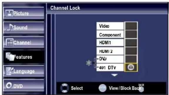 Channel Lock Video Component HDMI1 HDMI 2 DVD 401 DTV Select View/Block Back