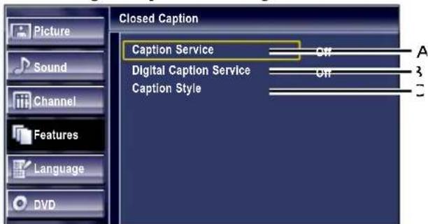 Picture Sound Channel Features Language DVD Closed Caption Caption Service Digital Caption Service Caption Style OFF OFF A B C
