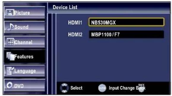Device List HDMI1 NB530MGX HDMI2 MBP1100 / F7 Select Input Change Back