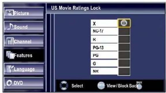 US Movie Ratings Lock X NC-1/ R PG-13 PG G NK Select View/Block Back