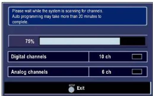 Please wait while the system is scanning for channels. Auto programming may take more than 20 minutes to complete. 75% Digital channels 10 ch Analog channels 6 ch Exit