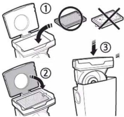 Diagram illustrating three steps of installing a device into a device, with numbered instructions and magnified views.