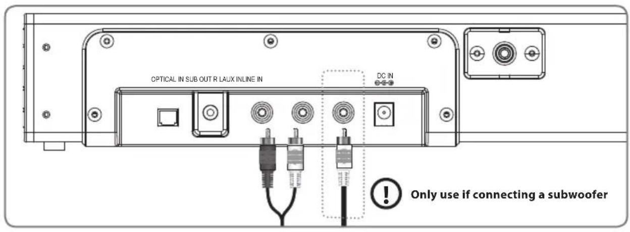 OPTICAL IN SUB OUT R LAUX INLINE IN DC IN Only use if connecting a subwoofer