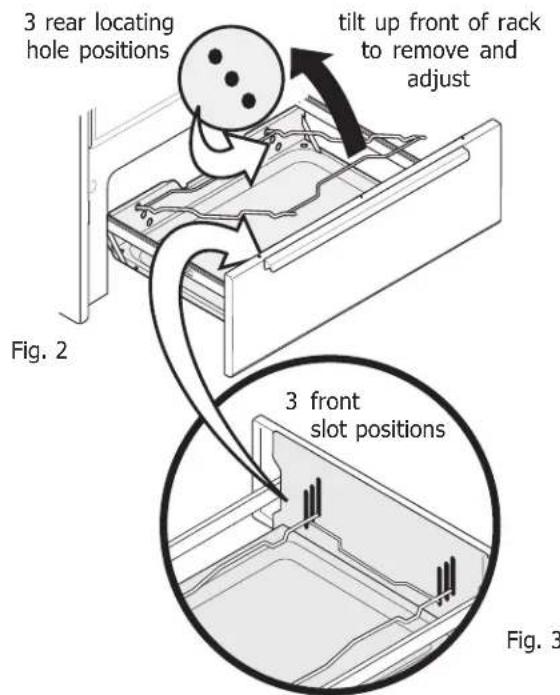 3 rear locating hole positions tilt up front of rack to remove and adjust Fig. 2 3 front slot positions Fig. 3