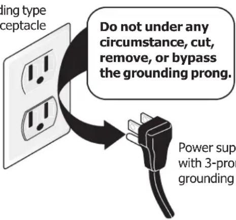 dling type ceptacle Do not under any circumstance, cut, remove, or bypass the grounding prong. Power supl with 3-pron grounding