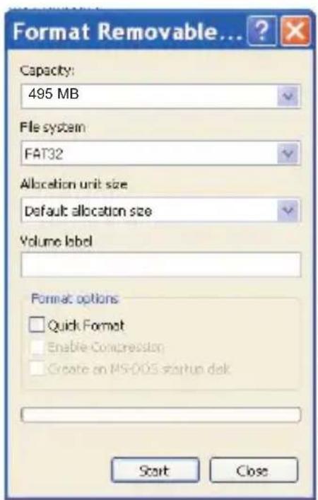 Format Removable... Capacity: 495 MB File system: FAT32 Allocation unit size Default allocation size Volume label Format options □ Quick Format □ Enable Compression □ Create on MS-005 startup desk Start Close