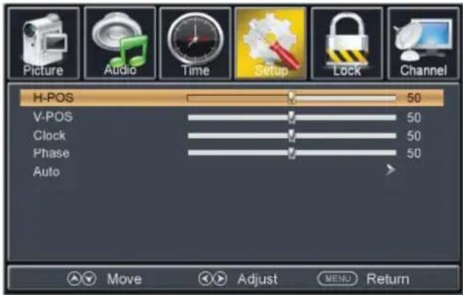 Picture Audio Time Setup Lock Channel H-POS 50 V-POS 50 Clock 50 Phase 50 Auto >