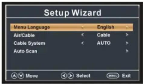 Setup Wizard Menu Language English Air/Cable < Cable > Cable System < AUTO > Auto Scan >