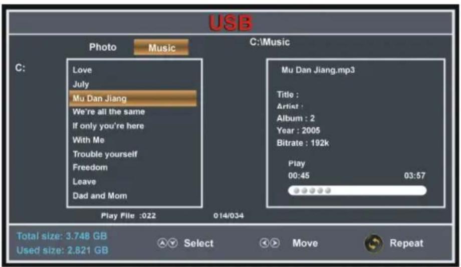 USB Photo Music C: Love July Mu Dan Jiang We're all the same If only you're here With Me Trouble yourself Freedom Leave Dad and Mom Play File :022 014/034 C:\Music Mu Dan Jiang.mp3 Title : Artist : Album : 2 Year : 2005 Bitrate : 192k Play 00:45 03:57 Total size: 3.748 GB Used size: 2.821 GB Select Move Repeat