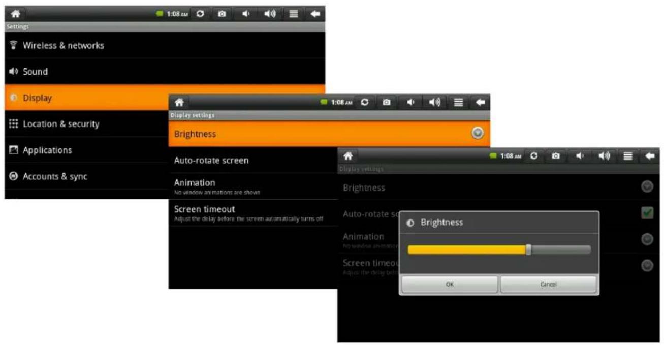 Settings Wireless & networks Sound Display Location & security Applications Accounts & sync Display settings Brightness Auto-rotate screen Animation No window animations are shown Screen timeout Adjust the delay before the screen automatically turns off Brightness Auto-rotate screen Animation No window animations Screen timeout Adjust the delay before OK Cancel