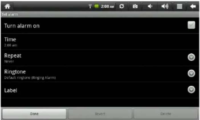 Set alarm Turn alarm on Time 2.08 am Repeat Never Ringtone Default ringtone (Ringing Alarm) Label Done Revert Delete