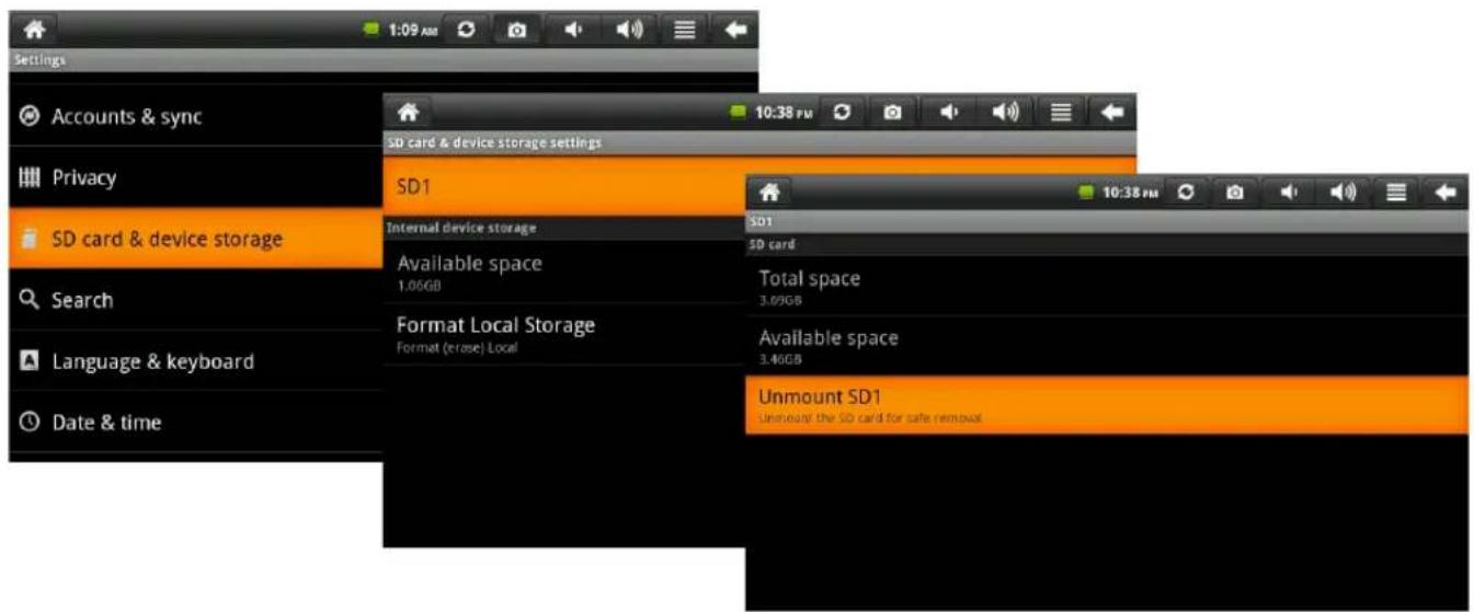 Settings Accounts & sync Privacy SD card & device storage Search Language & keyboard Date & time SD card & device storage settings SD1 Internal Device storage Available space 1.06GB Format Local Storage Format (erase) Local SD1 SD card Total space 3.09GB Available space 3.46GB Unmount SD1 Unmount the SD card for safe removal