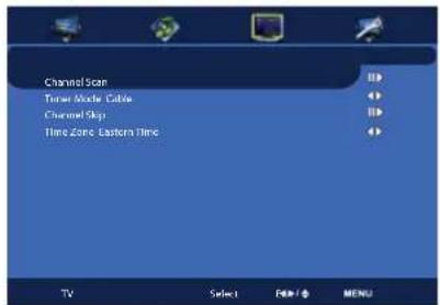 Channel Scan Timer Mode Cable Channel Stop Time Zone Eastern Time TV Select Print / MENU
