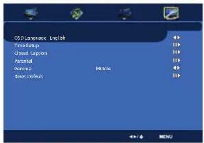 OSD Language: English Time Setup Closed Caption Parental Gamma Reset Default Middle MENU