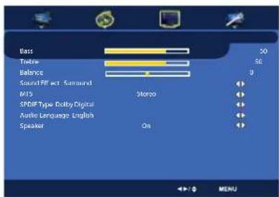 Bass 50 Twist 58 Balance 0 Sound/PF act: Surround M13 Stereo SPDIF Type: Dolby Digital Audio Language: English Speaker On MENU