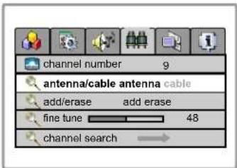 channel number 9 antenna/cable antenna cable add/erase add erase fine tune 48 channel search →