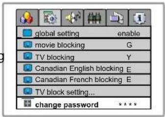 global setting enable movie blocking G TV blocking Y Canadian English blocking E Canadian French blocking E TV block setting... change password ****